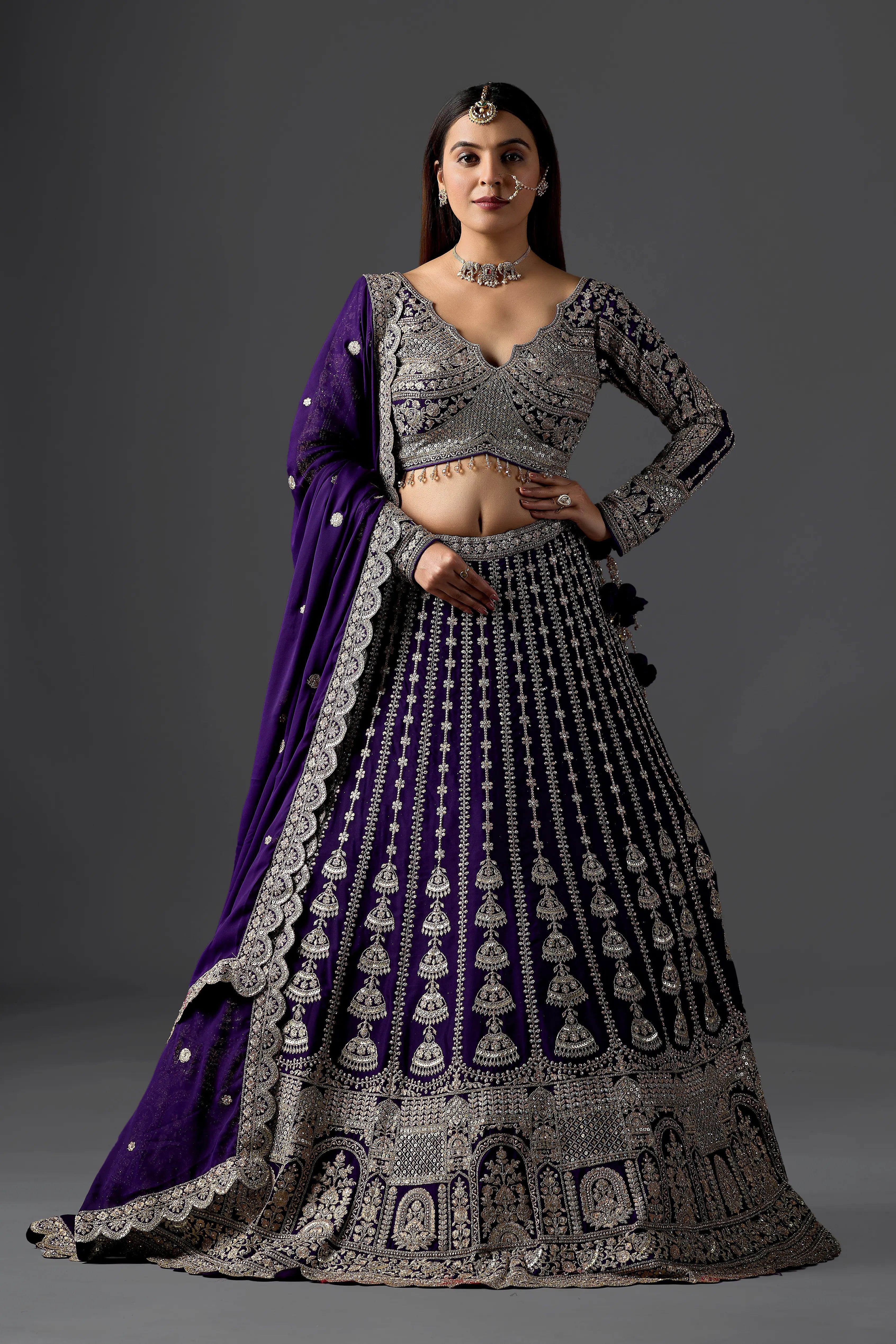 Deep Purple Georgette Lehenga With Designer Embellished Blouse & Coordinated Dupatta