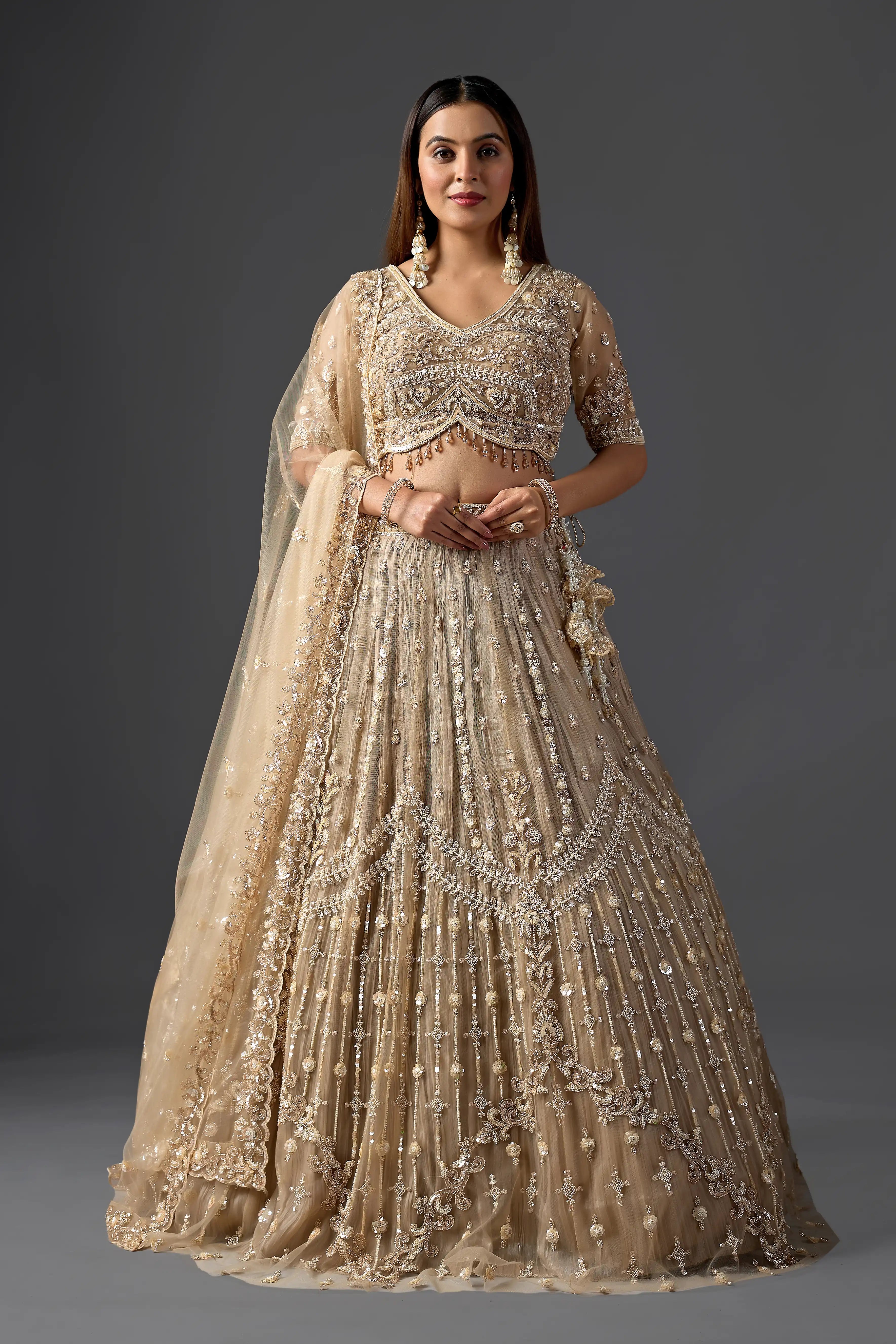Gold Net Tassel Embroidered Lehenga Set with Heavy Blouse | Reception & Wedding Wear