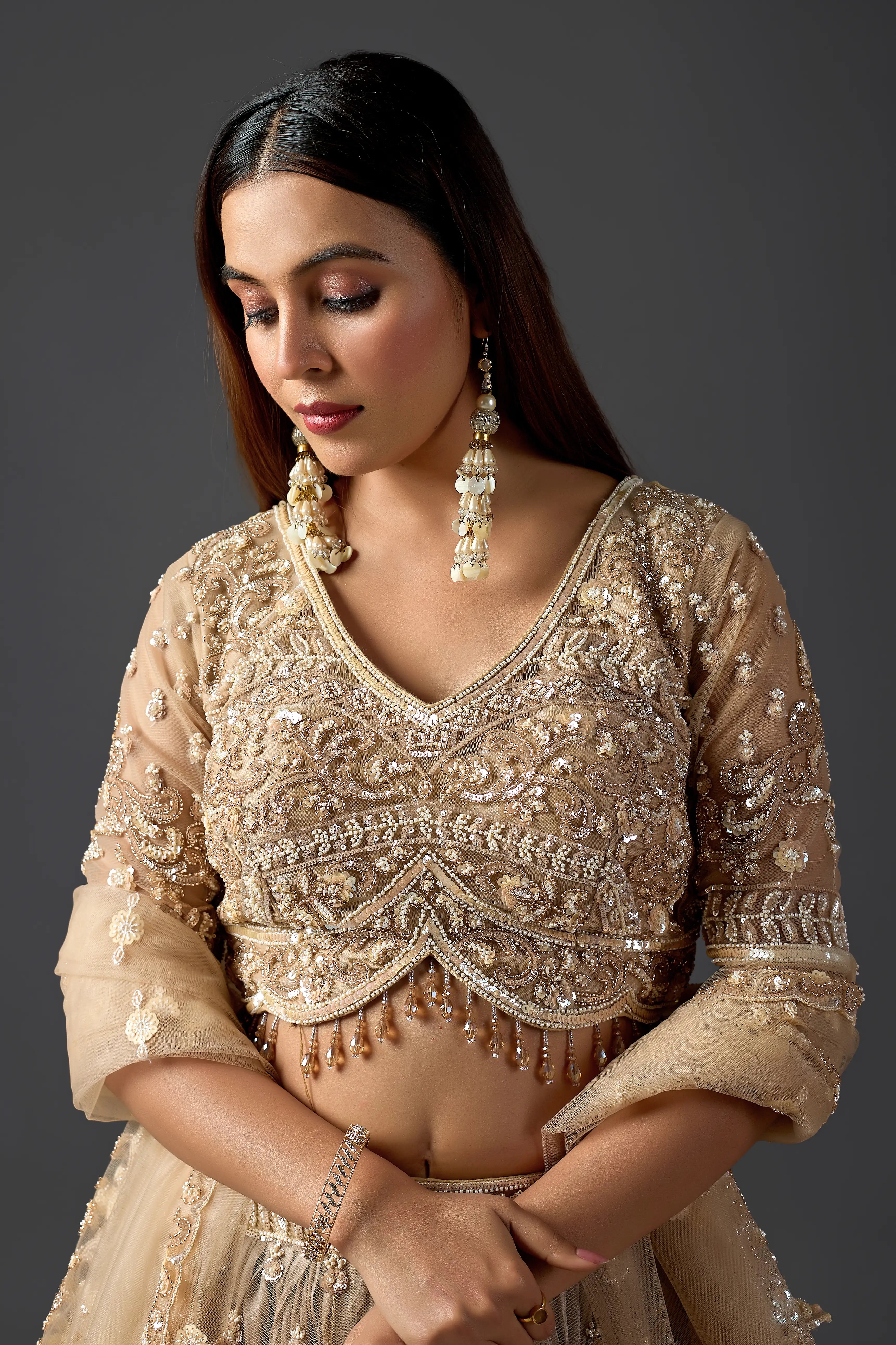 Gold Net Tassel Embroidered Lehenga Set with Heavy Blouse | Reception & Wedding Wear