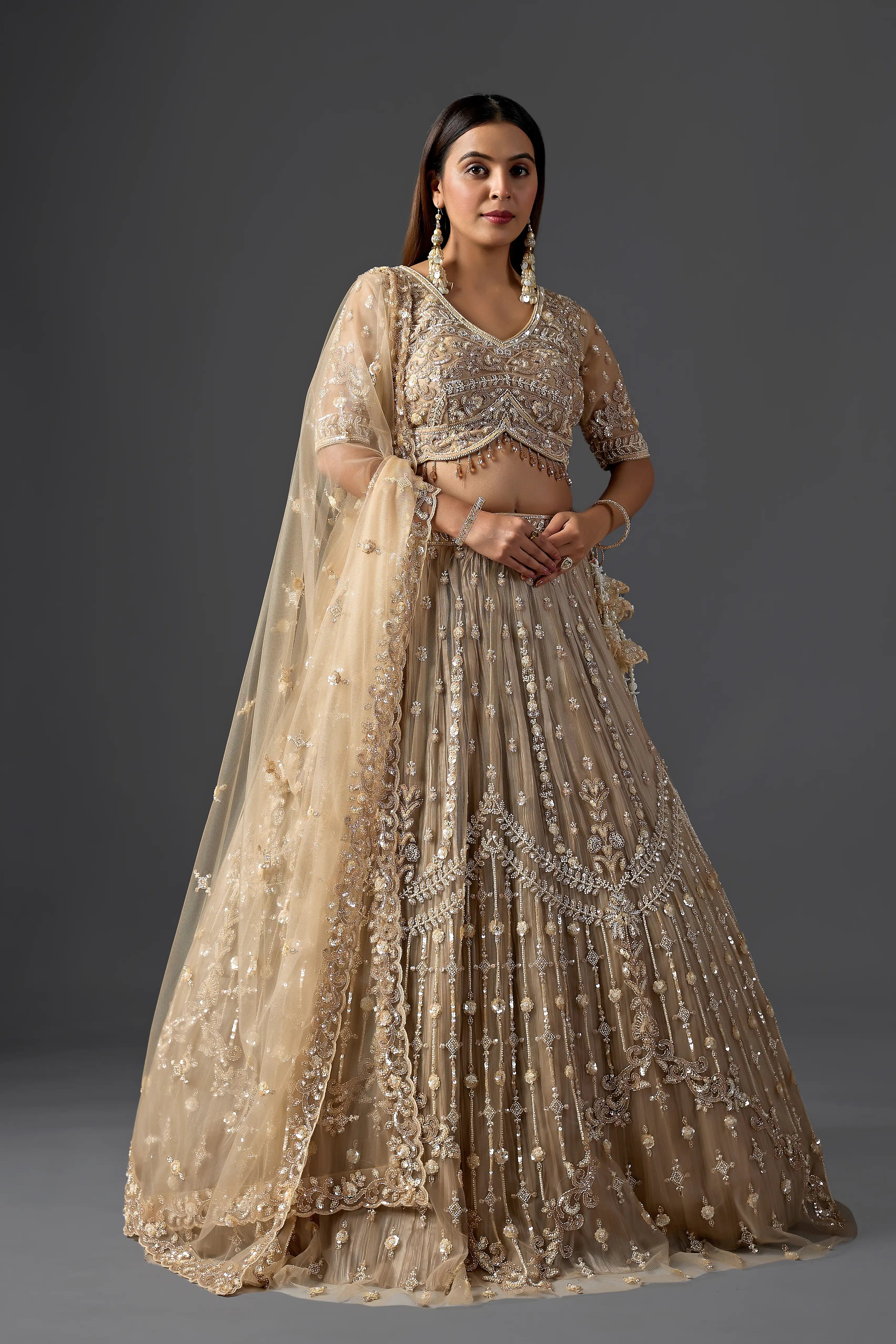 Gold Net Tassel Embroidered Lehenga Set with Heavy Blouse | Reception & Wedding Wear