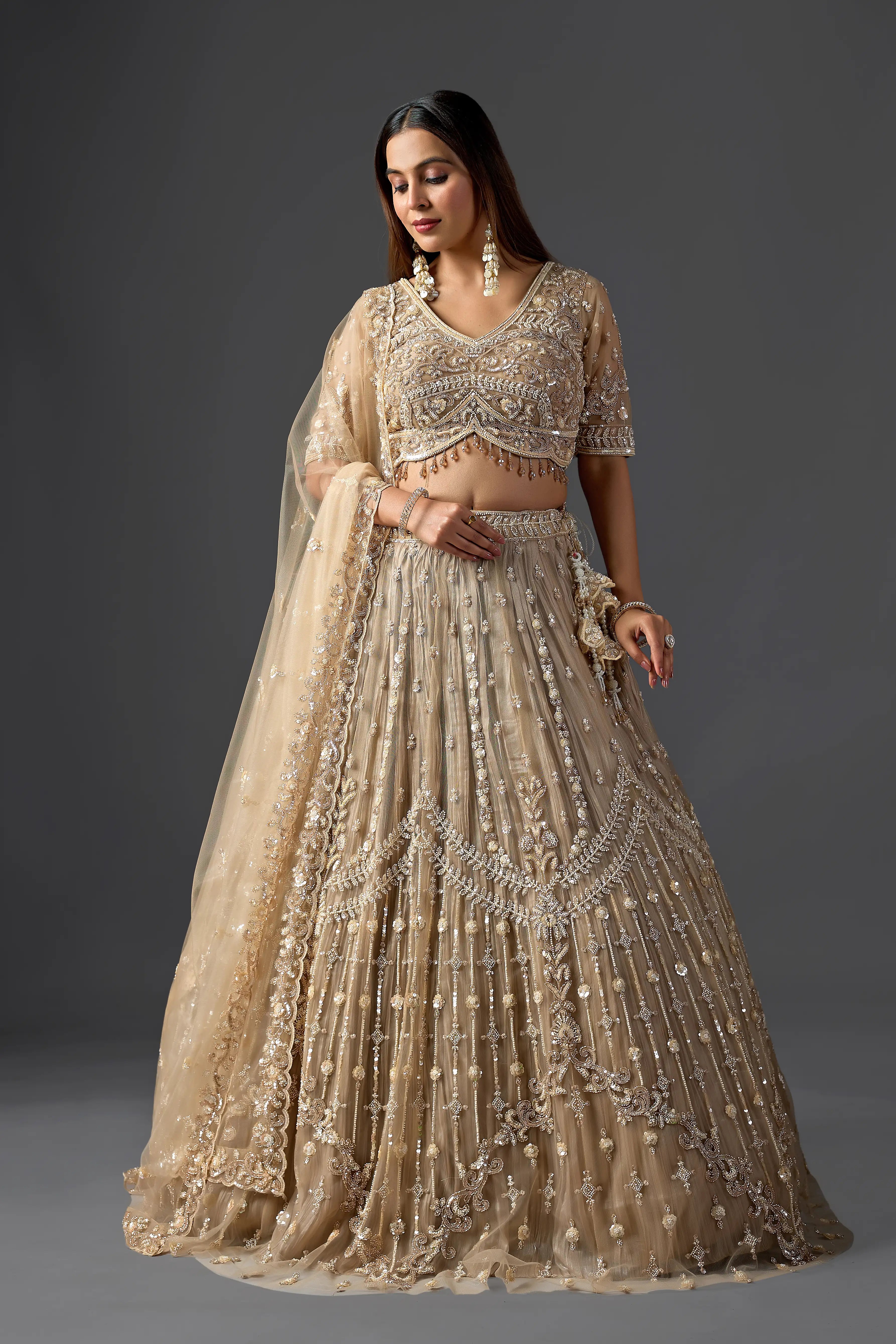 Gold Net Tassel Embroidered Lehenga Set with Heavy Blouse | Reception & Wedding Wear